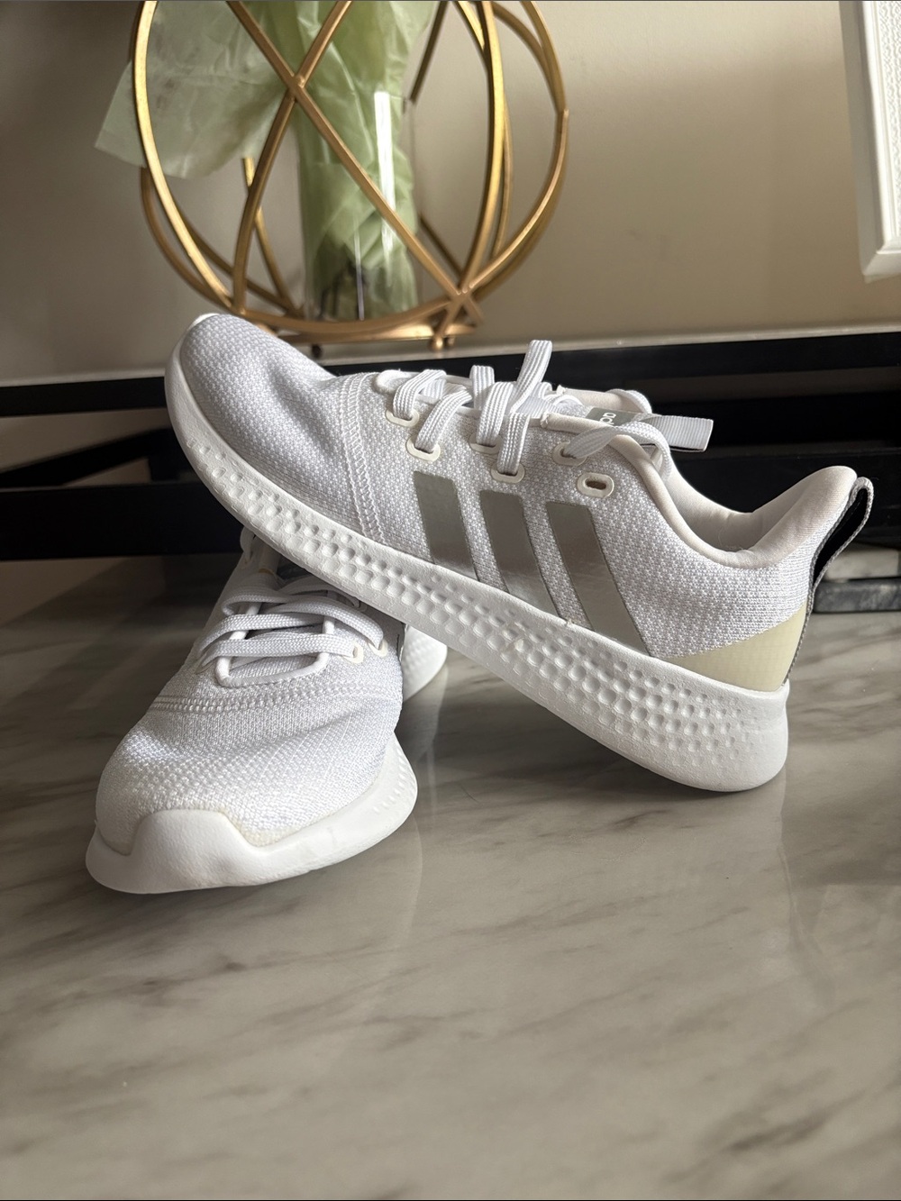 adidas White Knit Women's Athletic Sneakers with Silver Stripes